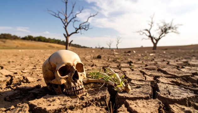 Skull on cracked earth, barren trees