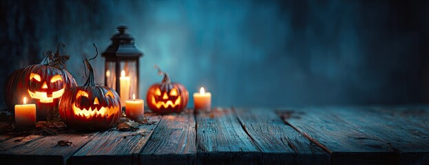 Atmospheric Halloween background with glowing Jack O Lanterns and candles on a rustic wooden table at night.