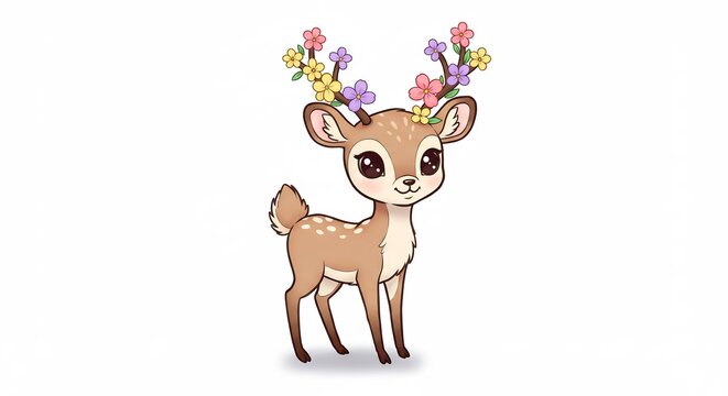 愛らしい鹿 春の彩花冠 優しく輝く瞳. AI Generated
