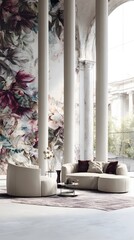 Elegant living space with botanical wall and geometric furniture, highlighting modern home aesthetics and texture.