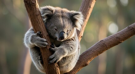 穏やか夕陽 木の上で眠るコアラ 優しい毛並み 自然光. AI Generated