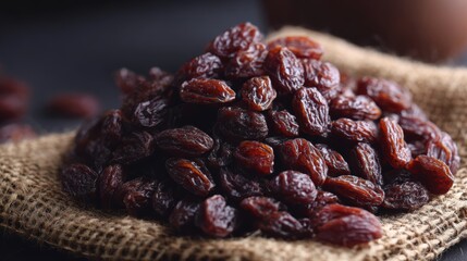 Obraz premium Raisins nutritional benefits. Dried raisins piled on a burlap surface, showcasing their rich color and texture.