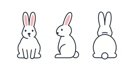 Fototapeta premium Stylized White Rabbit with Pink Ears and Black Outline from Various Angles for Kids' Art