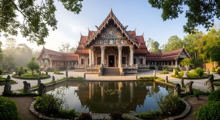 Fototapeta premium Magnificent Ancient Thai Temple Architecture Reflecting Spiritual Serenity Among Lush Greenery