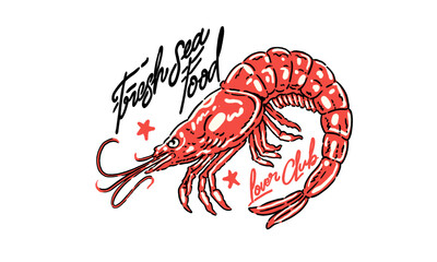  retro artwork of a fresh red prawn. Vintage illustration for a seafood lover club t shirt print or sticker
