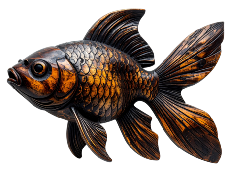 Decorative Wooden Goldfish Sculpture with Vintage Artisan Style, Angled Perspective, Isolated on Transparent Background
