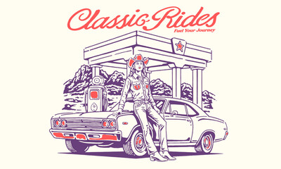 vintage cowgilr retro illustration of a cowgirl with a classic muscle car. Vintage Classic Rides artwork for a t-shirt