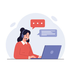 A friendly female customer service representative is helping a client through a laptop screen with vibrant colors and clean outlines in this flat 2D vector illustration.