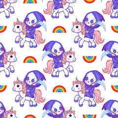 Kawaii Grim Reaper Riding Unicorn Seamless Pattern | Cute Halloween Digital with Transparent background