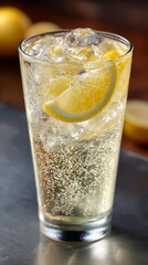 Refreshing summer cooler features a glass full of sparkling beverage with ice and lemon slices on a table, perfect for a hot afternoon
