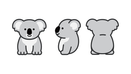 Three vector illustrations of a koala, showing the front, side, and back views in a simple, cute graphic style on a white background