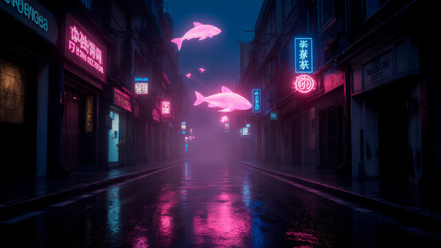 Dark cyberpunk backstreet with Japanese neon advertisements and holographic elements. Moody atmosphere with volumetric light and fog effects - Powered by Adobe