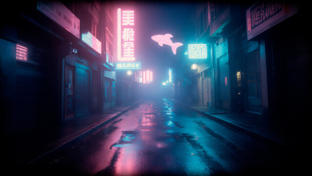 Futuristic city night scene. A secluded wet alley with vibrant neon glow and digital holograms creating a mysterious, immersive environment