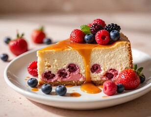 Decadent slice of berry cheesecake drizzled with caramel sauce and fresh fruit garnish