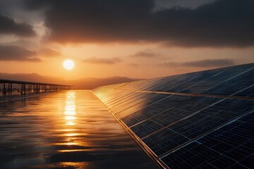 Solar Panel Farm Reflecting a Dramatic Golden Sunset Over Water.