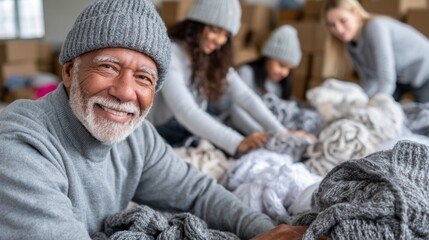 Group of Volunteers sorting donated Winter Clothing for Charity at a donation center