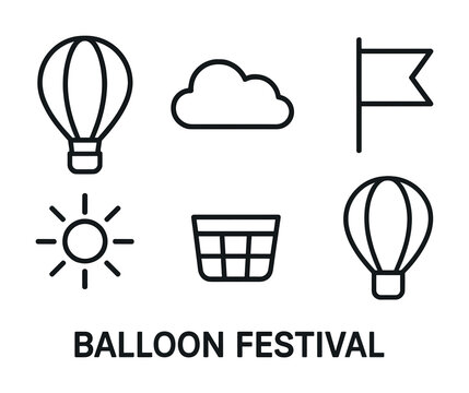 Hot air balloon festival icons: basket, cloud, flag, sun, balloon