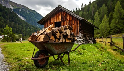 Wooden chalet with a wheelbarrow of firewood in a mountain valley