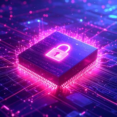 Cybersecurity chip, glowing padlock on circuit board