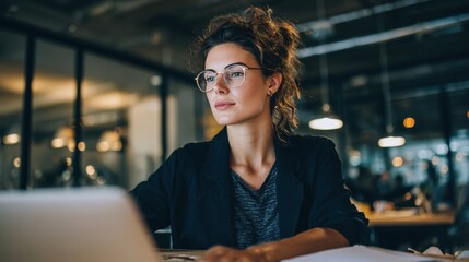 Professional woman working at laptop in modern coworking space