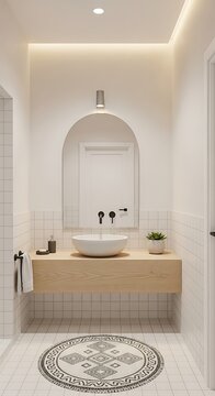 Modern minimalist bathroom interior with wooden vanity, white vessel sink, arched mirror, and patterned floor rug.