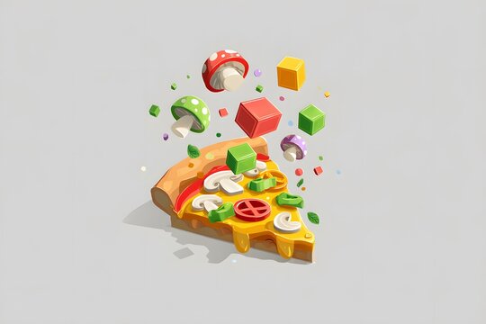 Colorful 3D Pizza Slice with Floating Toppings and Shapes Fun Art