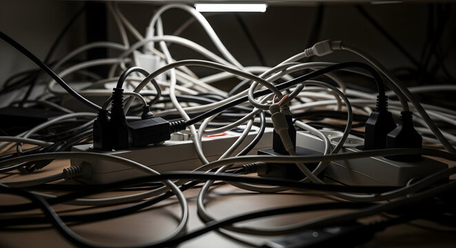 Tangled White Cables and Black Plugs on Desk Under Light