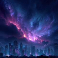 Obraz premium Night City Skyline Under Vibrant Nebula Sky