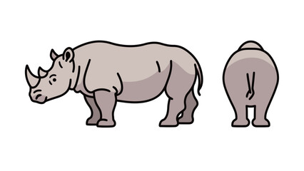 Flat vector illustration of a cute cartoon rhinoceros from the side and back, isolated on a white background.
