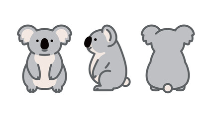 Cute flat vector illustration of a cartoon koala from the front, side, and back, isolated on a white background.