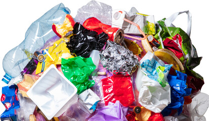 Heap of colorful plastic trash highlighting ecological disaster. Concept of waste accumulation,...