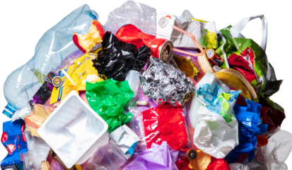 Heap of colorful plastic trash highlighting ecological disaster. Concept of waste accumulation, consumer society, plastic crisis, contamination and planetary warning. Transparent background