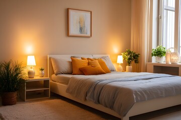 Cozy bedroom with warm lighting and orange pillows