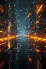 Naklejka premium Futuristic Neon Corridor Cityscape in Cyberpunk Style