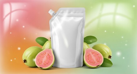 Juice pouch mockup with fresh guava fruits