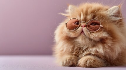 Fluffy cat with glasses poses on a pastel background in a cozy indoor setting during daylight