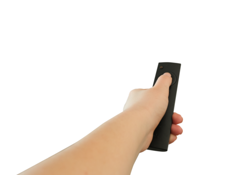 Hand holding black remote control, first person view