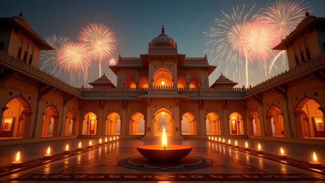Deepavali Diwali theme, Traditional Indian palace decorated with diyas and fireworks during Diwali. - Powered by Adobe
