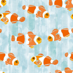 Stylish seamless pattern on marine theme with cute clownfish on a blue watercolor background. Perfect for design templates, wallpaper, wrapping, fabric, print and textile. 