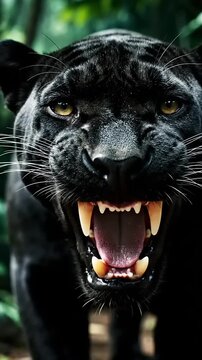 A majestic black panther growls intensely at the camera