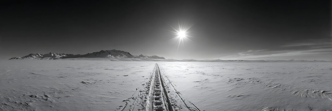 A desolate, black and white panoramic shows train tracks disappearing into a vast, snowy landscape under a bright, distant sun, conveying journey, solitude, and the passage of time.

