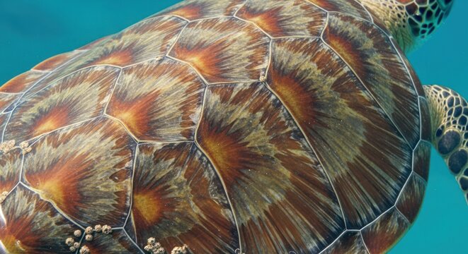 Close up of a sea turtles shell in the ocean with textured pattern