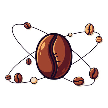 A stylized illustration of a large coffee bean at the center, with smaller coffee beans and dots orbiting it like electrons around an atom.