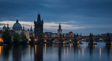 Obraz premium 美しいプラハの夕暮れ、カレル橋と旧市街の絶景