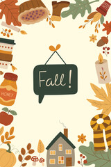 Autumn vector background with fall leaves, pumpkin, coffee, socks and cozy seasonal items. . Thanksgiving day. Harvest time. Vector