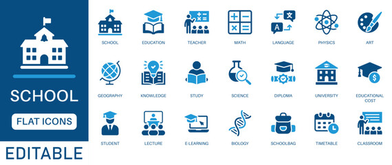 School icon set. featuring education, classroom, students, teacher   and more. Education and knowledge symbol. perfect flat icon collection.