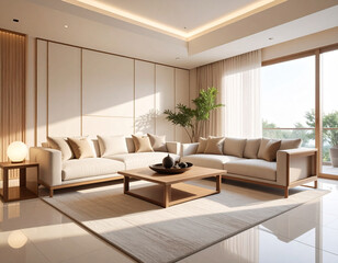 Fototapeta premium Modern living room design elegant interior residential space contemporary environment bright viewpoint aesthetic comfort for home decor
