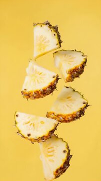 Pineapple Slices Falling in Motion Against Vibrant Yellow Background in Studio