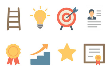Career success icons: ladder, light bulb, target, profile, medal, graph, star, certificate