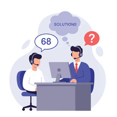 Friendly male customer service agent, in a vibrant 2D flat vector illustration, skillfully assists a customer's inquiry from his desk, symbolizing effective problem-solving.
